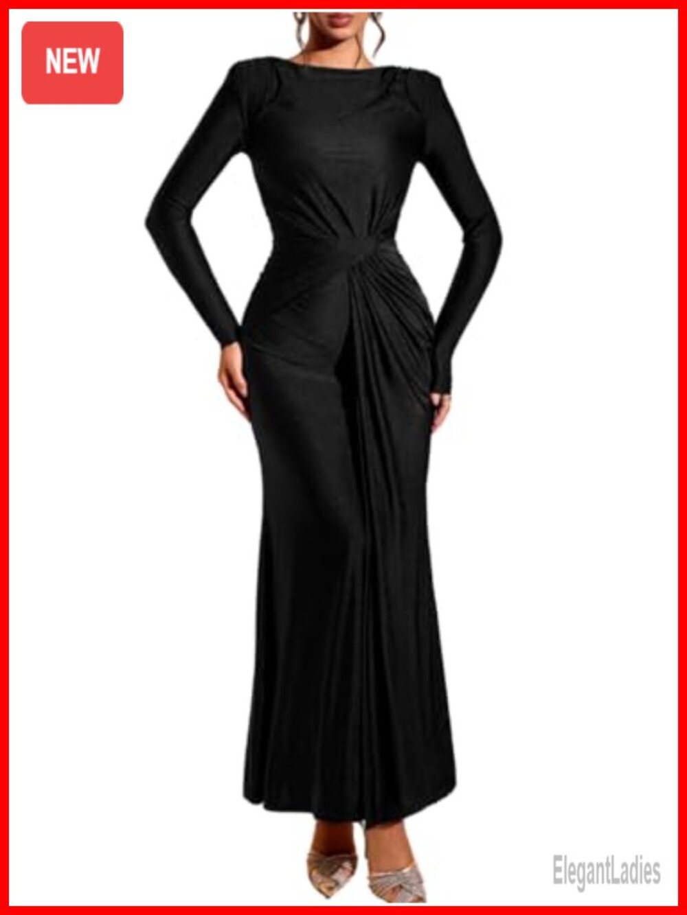 Floor-Length Bodycon Dress Long Sleeve Boat Neck Ruched Cocktail Evening Gown